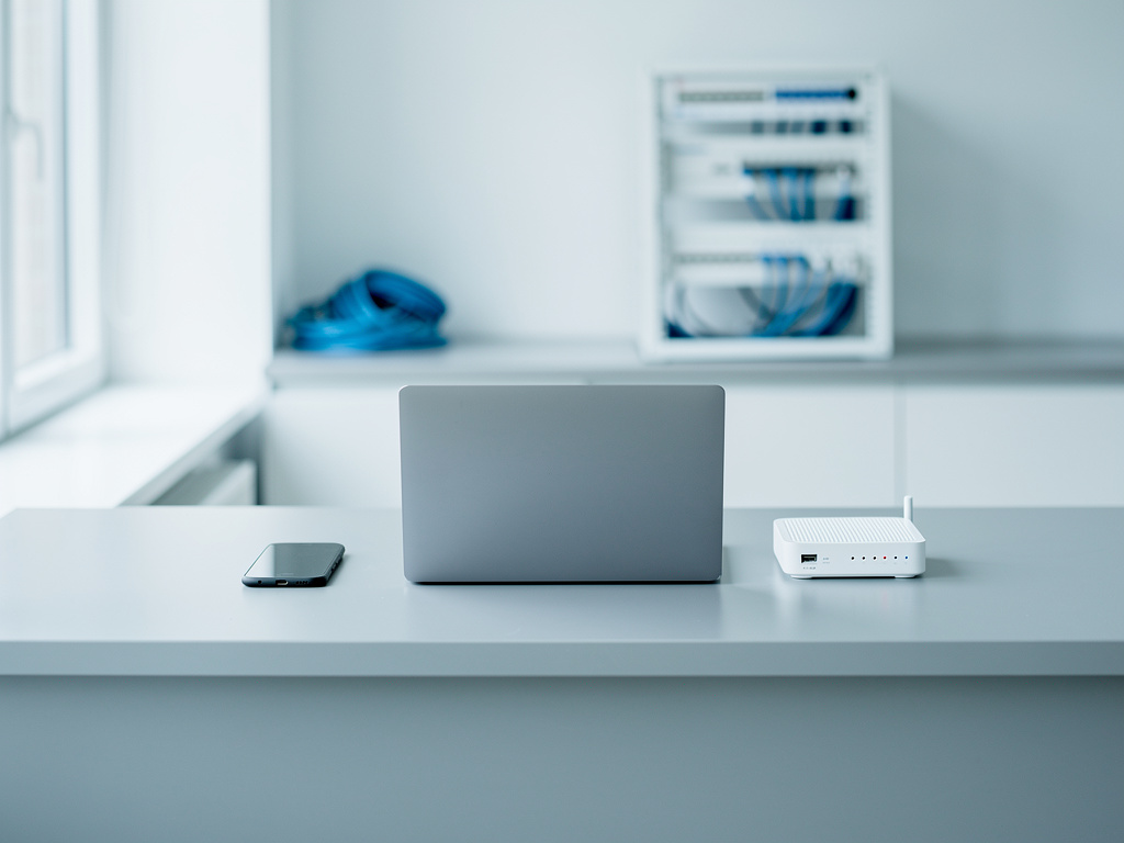 A clean front desk with a laptop, a phone and a small white router on display, cool daylight, nobody in focus.