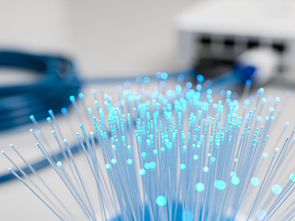 Extreme close-up of glowing fiber optic strands in soft blue light against a pale background.