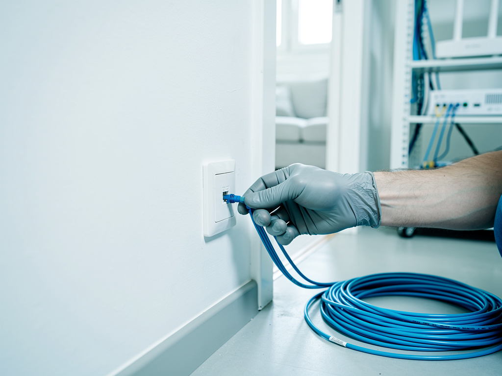 A gloved hand fastening a white fiber outlet to a wall in a bright home hallway.
