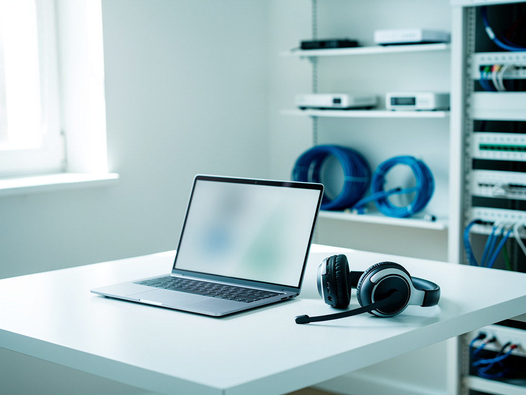 A support desk with a laptop and headset in a clean office, screen blurred, cool daylight from the window.