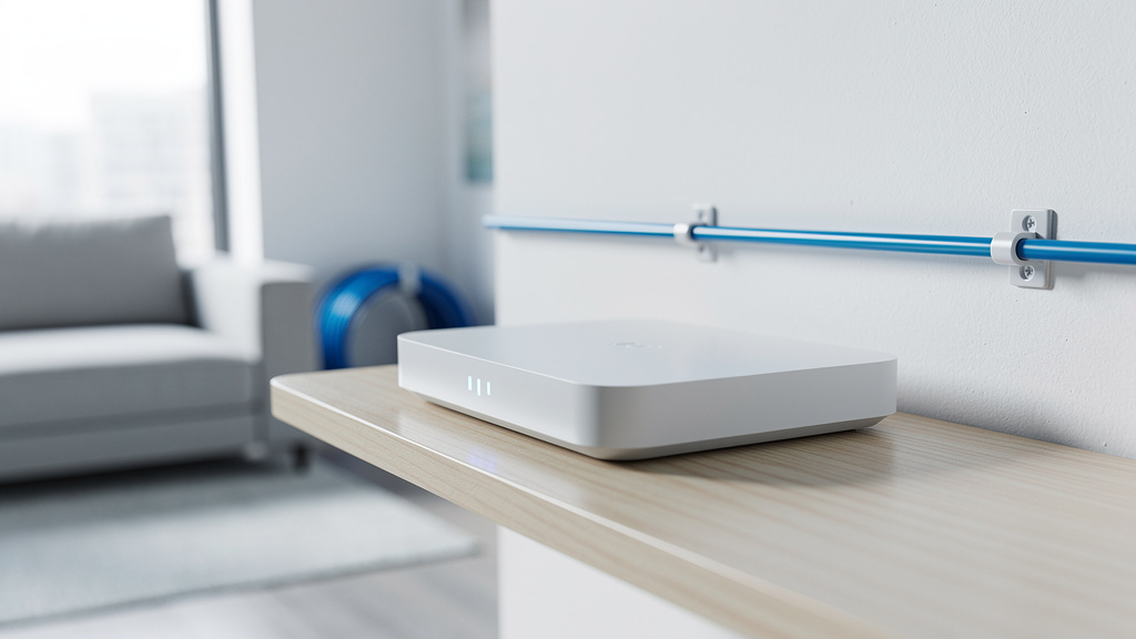 A sleek white Wi-Fi router on a light wooden shelf in a bright living room, with a thin blue fiber cable running neatly 