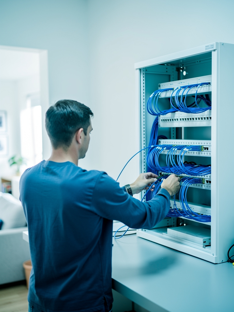 A technician seen from behind organizing labeled-free blue fiber cables at a network rack in a clean, cool-lit workroom.